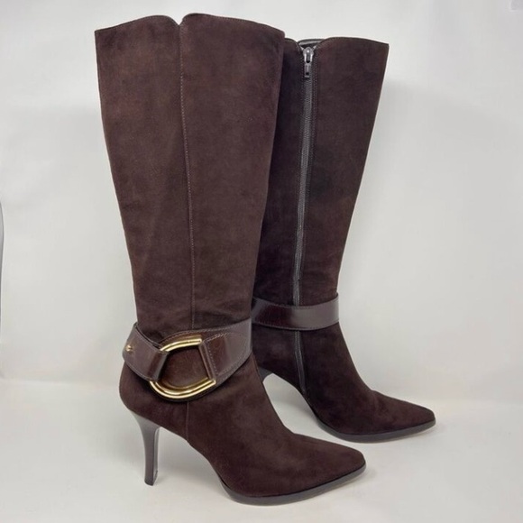 Antonio Melani Simone Brown Suede Full Zip Gold Buckle Knee High Heeled Boot 9.5 - Picture 1 of 11